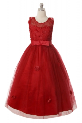 Girls Dress Style 1051 - Burgundy Elegant Sleeveless Dress with Flower Details